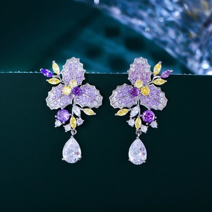 French Luxury Copper AAA+ Zirconia Flower Dangle Earrings S925 Sterling Silver Post Waterdrop Pear Shape Earrings Women Jewelry