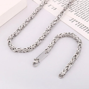 Stainless Steel Byzantine Emperor Chain Necklace With Blank Square ID Tag Polished Fashion Jewelry For Men Unisex