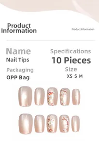 Vue détaillée des faux ongles perle champagne avec fleurs et tableau des tailles