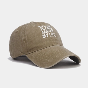 Cappellino da baseball kaki lavato con stampa Jesus Saved My Life e croce