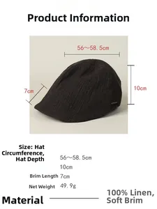 Size chart for 100% linen vintage flat cap showing weight and dimensions in detail