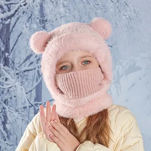 Pink winter plush bear ear hat with integrated face mask and neck warmer for children
