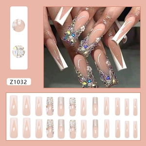 Sparkly floral press-on nails set with long coffin shape and white French tips