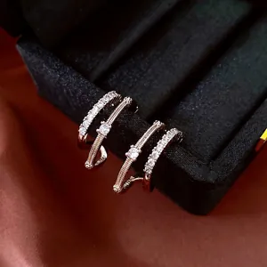 Geometric C-Shaped Double Layer Hoop Earrings With Silver Earring Post Copper Zircon Inlaid Minimalist Jewelry For Women