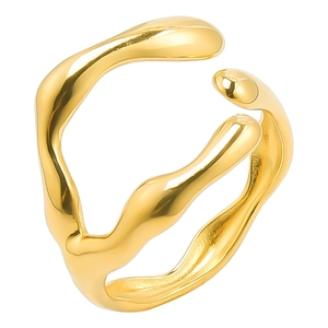 Detailed close-up of golden irregular lava-style open ring with liquid metallic texture