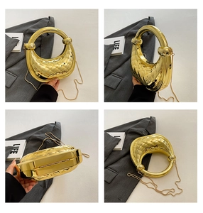 Detailed views of a gold crescent acrylic handbag with quilted texture and chain strap