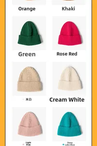 Detail display of multi-color ribbed knit beanies in orange, khaki, green, and pink colors