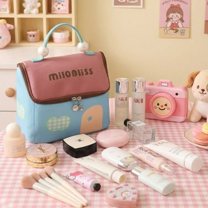 Pink and blue PU house-shaped makeup bag with pearl handle and large storage capacity