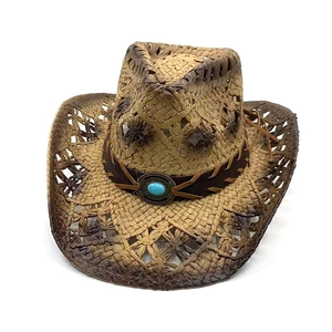 Western straw cowboy hat with turquoise metal buckle and woven brim details