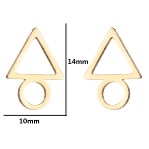 Minimalist geometric gold triangle and circle stud earrings with 14mm x 10mm dimensions