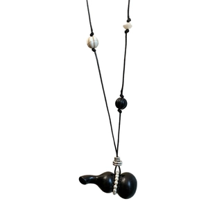 Vintage wax rope necklace with wooden gourd pendant and pearl bead accents for women