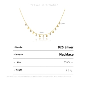 Detail view of gold-plated S925 silver necklace with pear-cut cubic zirconia droplets