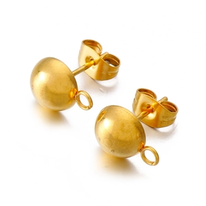 Gold-plated stainless steel half-ball stud earrings with loops for DIY jewelry making
