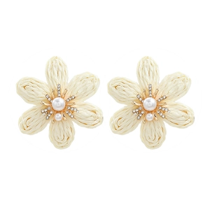 Handmade raffia flower stud earrings with central pearls and sparkling crystal rhinestones