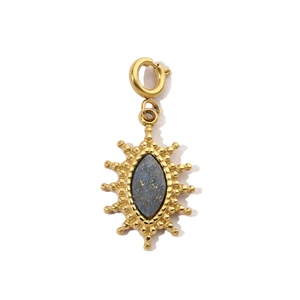 Detailed close-up of a starburst pendant featuring a blue-grey stone in gold plating