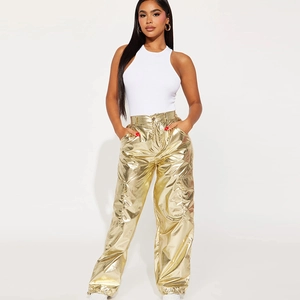 Women Shiny Metallic Cargo Pants Glossy High Waisted Joggers Multi Pocket Cuffed Drawstring Streetwear