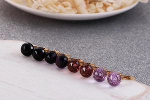 Detail of multi-color faceted 10mm crystal beads on gold-plated leverback earrings