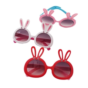 Three pairs of cute rabbit ear cartoon sunglasses for children in various pastel colors