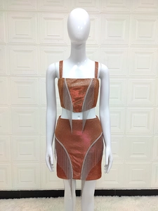 Detail of bronze metallic crop top and mini skirt set with silver fringe trim