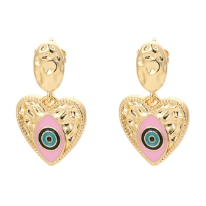 Colorful enamel evil eye heart earrings with 18K gold plating and hammered texture