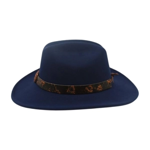Detailed view of dark blue wool felt jazz hat with distressed brown decorative band strap