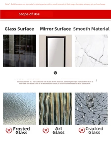 Detailed guide for PVC static cling window film showing application on glass and mirrors