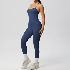 Navy blue high-waisted yoga set featuring slim straps tank top and matching leggings