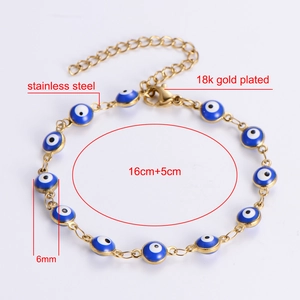 Detailed view of 18k gold plated stainless steel evil eye bracelet with 6mm blue beads