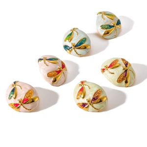 18K gold plated stainless steel dragonfly earrings with colorful enamel floral details