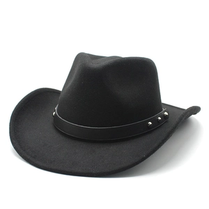 Classic black wool western cowboy hat with studded leather band and wide brim