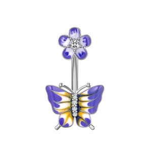 Detail of silver belly ring with purple butterfly and flower charms featuring zircon accents