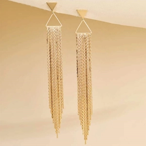 Elegant gold-tone long fringe drop earrings with geometric triangle studs for party wear