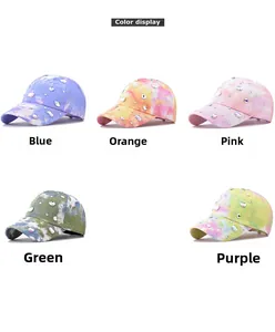 Detail display of tie-dye baseball caps with colorful gemstones and rhinestones