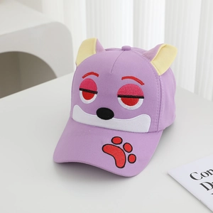 Detail view of purple kids baseball cap with yellow ears and funny animal embroidery
