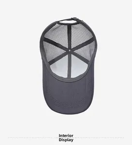 Detail view of the interior structure of this breathable dark gray mesh trucker hat