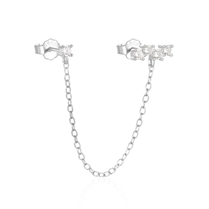 Detailed view of S925 sterling silver chain earrings with cubic zirconia and S925 stamp