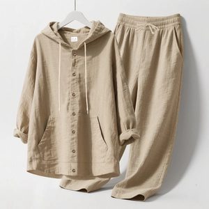 Detail view of khaki linen two-piece casual set featuring a hooded shirt and elastic pants