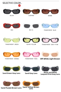 Multiple color options of narrow rectangular frame sunglasses in glossy and matte finishes