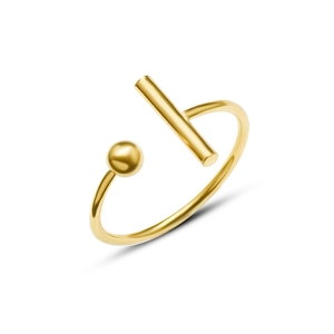 Minimalist 18k gold plated T-bar open ring for women with polished ball detail