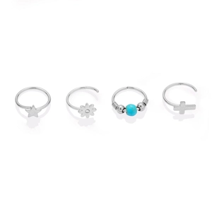 Set of 4 stainless steel septum nose rings with star cross and turquoise charms