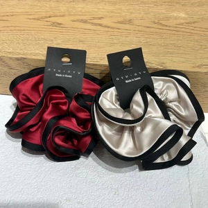 Silky satin double-layered scrunchie set in deep red and beige with black piping
