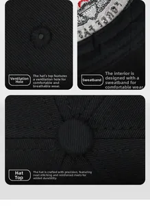 Detail of black cotton baseball cap showing breathable eyelets and sweatband construction