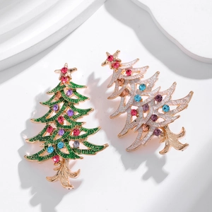 Luxury Christmas tree brooches with colorful rhinestones and gold enamel finish