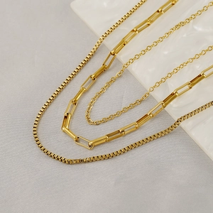 Three-layer gold stainless steel necklace featuring box, paperclip, and cable chain styles