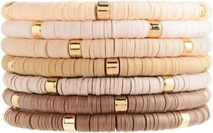 Set of 7 earth-toned clay heishi bead bracelets with gold metal spacer accents
