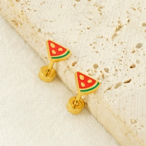 Golden stainless steel watermelon stud earrings with red and green enamel on stone base