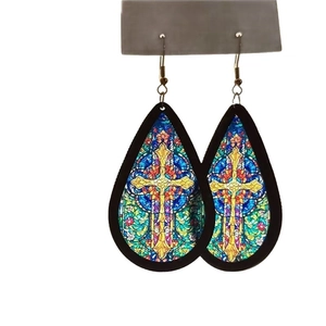 Retro stained glass acrylic teardrop earrings with gold cross pattern and metal hook