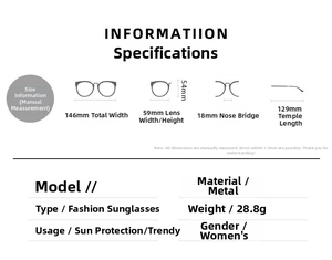 Size chart for rimless sunglasses detailing lens dimensions and metal frame weight of 28.8g