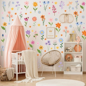 Floral wall stickers featuring colorful daisies and lavender for living room decor
