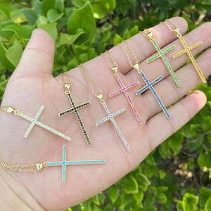 Cross Pendant Necklace Copper Stainless Steel With Zircon Colorful Fashion Jewelry For Women